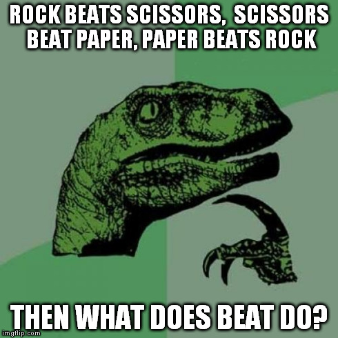 So confuzing xD | ROCK BEATS SCISSORS,
 SCISSORS BEAT PAPER, PAPER BEATS ROCK THEN WHAT DOES BEAT DO? | image tagged in memes,philosoraptor,rock,dinosaur | made w/ Imgflip meme maker