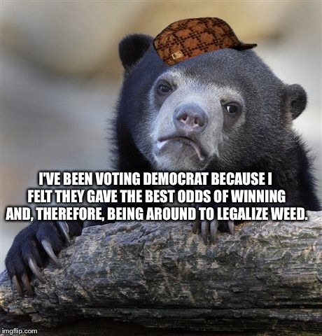 Confession Bear Meme | I'VE BEEN VOTING DEMOCRAT BECAUSE I FELT THEY GAVE THE BEST ODDS OF WINNING AND, THEREFORE, BEING AROUND TO LEGALIZE WEED. | image tagged in memes,confession bear,scumbag | made w/ Imgflip meme maker