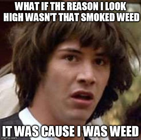 Conspiracy Keanu | WHAT IF THE REASON I LOOK HIGH WASN'T THAT SMOKED WEED IT WAS CAUSE I WAS WEED | image tagged in memes,conspiracy keanu | made w/ Imgflip meme maker