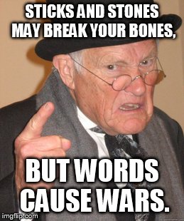 A hint of advice to commenters everywhere: | STICKS AND STONES MAY BREAK YOUR BONES, BUT WORDS CAUSE WARS. | image tagged in memes,back in my day,internet | made w/ Imgflip meme maker