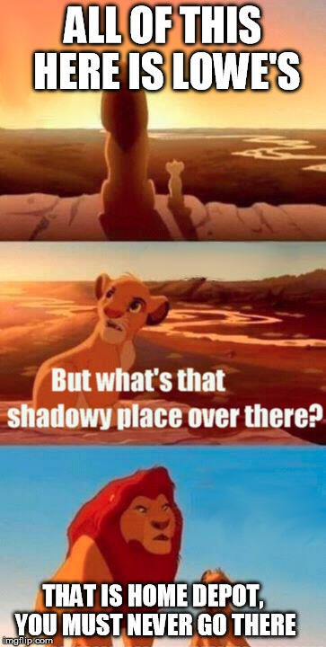 I work at Lowe's.. | ALL OF THIS HERE IS LOWE'S THAT IS HOME DEPOT, YOU MUST NEVER GO THERE | image tagged in memes,simba shadowy place,lowe's,home depot,funny,troll | made w/ Imgflip meme maker