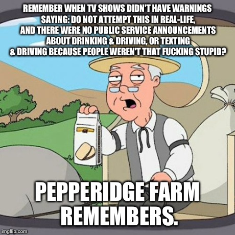 Harsh But Necessary | REMEMBER WHEN TV SHOWS DIDN'T HAVE WARNINGS SAYING: DO NOT ATTEMPT THIS IN REAL-LIFE, AND THERE WERE NO PUBLIC SERVICE ANNOUNCEMENTS ABOUT D | image tagged in memes,pepperidge farm remembers | made w/ Imgflip meme maker