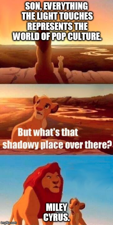 Simba Shadowy Place | SON, EVERYTHING THE LIGHT TOUCHES REPRESENTS THE WORLD OF POP CULTURE. MILEY CYRUS. | image tagged in memes,simba shadowy place | made w/ Imgflip meme maker
