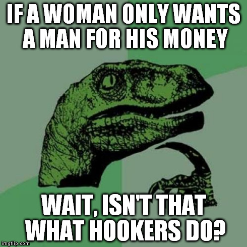 Philosoraptor | IF A WOMAN ONLY WANTS A MAN FOR HIS MONEY WAIT, ISN'T THAT WHAT HOOKERS DO? | image tagged in memes,philosoraptor | made w/ Imgflip meme maker