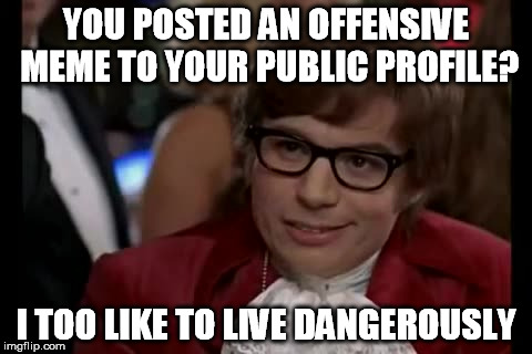 I Too Like To Live Dangerously | YOU POSTED AN OFFENSIVE MEME TO YOUR PUBLIC PROFILE? I TOO LIKE TO LIVE DANGEROUSLY | image tagged in memes,i too like to live dangerously | made w/ Imgflip meme maker