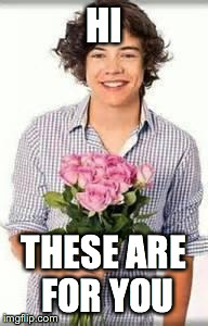 Harry giving you flowers | HI THESE ARE FOR YOU | image tagged in harry styles,flowers,crying because of cute,smile | made w/ Imgflip meme maker