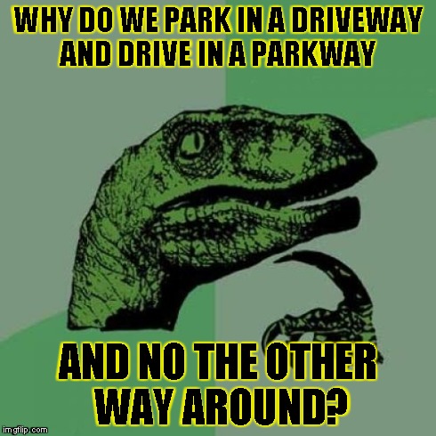 Philosoraptor Meme | WHY DO WE PARK IN A DRIVEWAY AND DRIVE IN A PARKWAY AND NO THE OTHER WAY AROUND? | image tagged in memes,philosoraptor | made w/ Imgflip meme maker