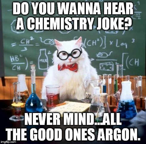 Chemistry Cat | DO YOU WANNA HEAR A CHEMISTRY JOKE? NEVER MIND...ALL THE GOOD ONES ARGON. | image tagged in memes,chemistry cat | made w/ Imgflip meme maker