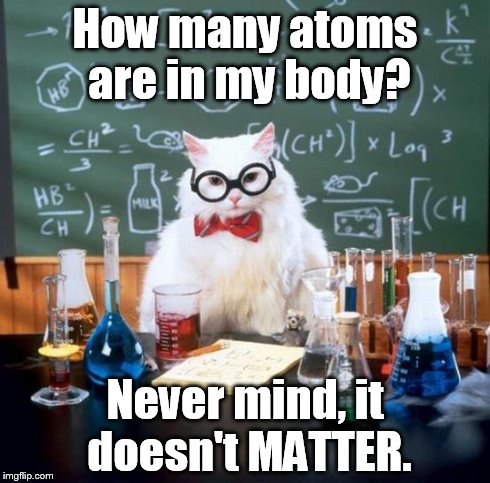 Chemistry Cat Meme | How many atoms are in my body? Never mind, it doesn't MATTER. | image tagged in memes,chemistry cat | made w/ Imgflip meme maker