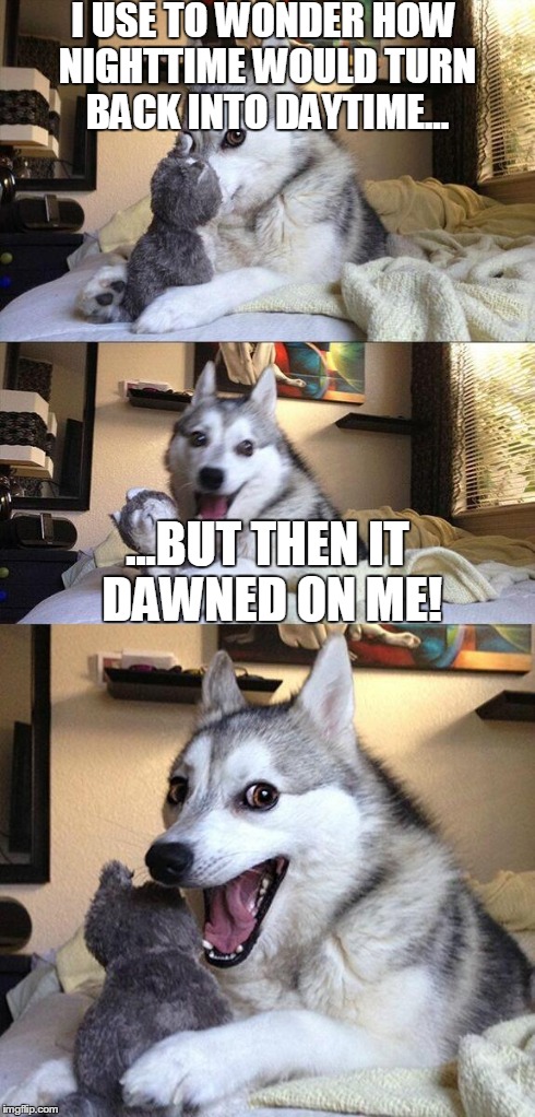 Bad Pun Dog Meme | I USE TO WONDER HOW NIGHTTIME WOULD TURN BACK INTO DAYTIME... ...BUT THEN IT DAWNED ON ME! | image tagged in memes,bad pun dog | made w/ Imgflip meme maker