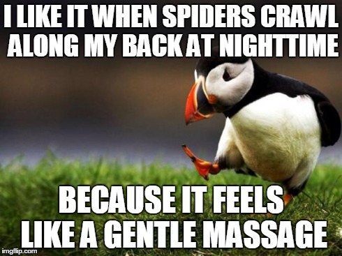 Unpopular Opinion Puffin | I LIKE IT WHEN SPIDERS CRAWL ALONG MY BACK AT NIGHTTIME BECAUSE IT FEELS LIKE A GENTLE MASSAGE | image tagged in memes,unpopular opinion puffin | made w/ Imgflip meme maker