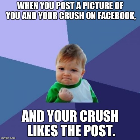 Success Kid | WHEN YOU POST A PICTURE OF YOU AND YOUR CRUSH ON FACEBOOK, AND YOUR CRUSH LIKES THE POST. | image tagged in memes,success kid | made w/ Imgflip meme maker