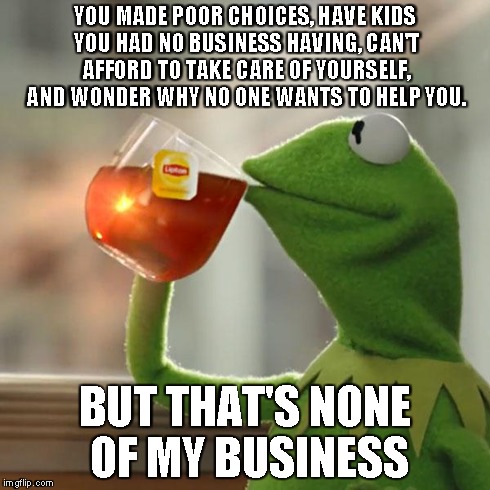 But That's None Of My Business | YOU MADE POOR CHOICES, HAVE KIDS YOU HAD NO BUSINESS HAVING, CAN'T AFFORD TO TAKE CARE OF YOURSELF, AND WONDER WHY NO ONE WANTS TO HELP YOU. | image tagged in memes,but thats none of my business,kermit the frog | made w/ Imgflip meme maker