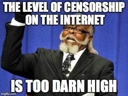 Internet Censorship
 | THE LEVEL OF CENSORSHIP ON THE INTERNET IS TOO DARN HIGH | image tagged in memes,too damn high,internet | made w/ Imgflip meme maker