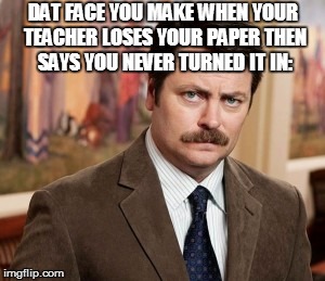 Ron Swanson | DAT FACE YOU MAKE WHEN YOUR TEACHER LOSES YOUR PAPER THEN SAYS YOU NEVER TURNED IT IN: | image tagged in memes,ron swanson | made w/ Imgflip meme maker