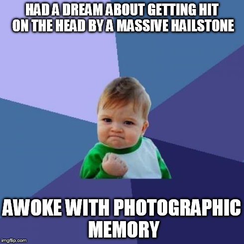 Success Kid Meme | HAD A DREAM ABOUT GETTING HIT ON THE HEAD BY A MASSIVE HAILSTONE AWOKE WITH PHOTOGRAPHIC MEMORY | image tagged in memes,success kid | made w/ Imgflip meme maker