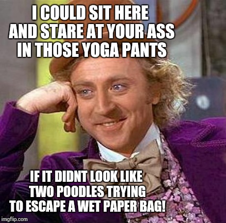 Creepy Condescending Wonka | I COULD SIT HERE AND STARE AT YOUR ASS IN THOSE YOGA PANTS IF IT DIDNT LOOK LIKE TWO POODLES TRYING TO ESCAPE A WET PAPER BAG! | image tagged in memes,creepy condescending wonka | made w/ Imgflip meme maker