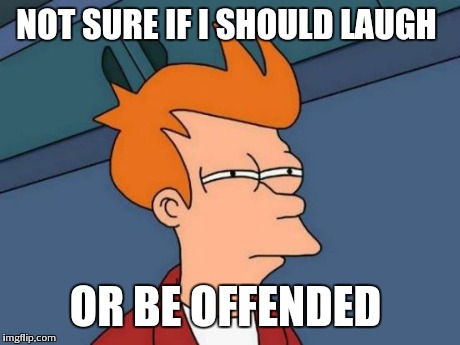Futurama Fry Meme | NOT SURE IF I SHOULD LAUGH OR BE OFFENDED | image tagged in memes,futurama fry | made w/ Imgflip meme maker