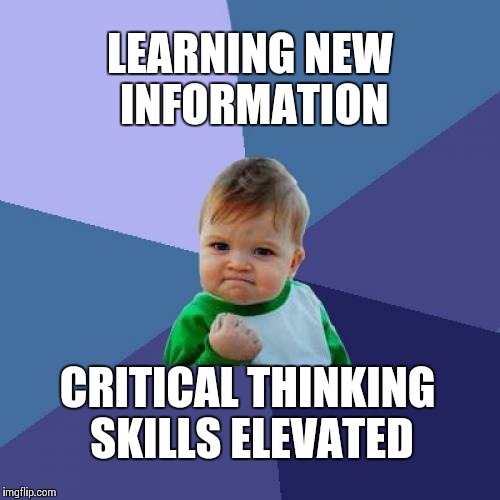 Success Kid Meme | LEARNING NEW INFORMATION CRITICAL THINKING SKILLS ELEVATED | image tagged in memes,success kid | made w/ Imgflip meme maker