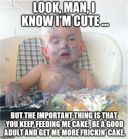cake baby | LOOK, MAN, I KNOW I'M CUTE ... BUT THE IMPORTANT THING IS THAT YOU KEEP FEEDING ME CAKE.  BE A GOOD ADULT AND GET ME MORE FRICKIN' CAKE. | image tagged in cake baby | made w/ Imgflip meme maker