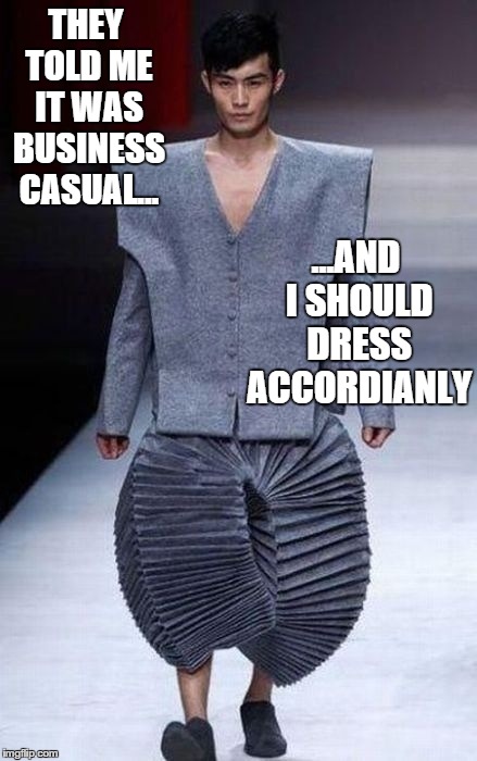 THEY TOLD ME IT WAS BUSINESS CASUAL... ...AND I SHOULD DRESS ACCORDIANLY | image tagged in Images | made w/ Imgflip meme maker