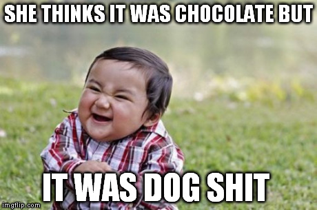 Evil Toddler Meme | SHE THINKS IT WAS CHOCOLATE BUT IT WAS DOG SHIT | image tagged in memes,evil toddler | made w/ Imgflip meme maker