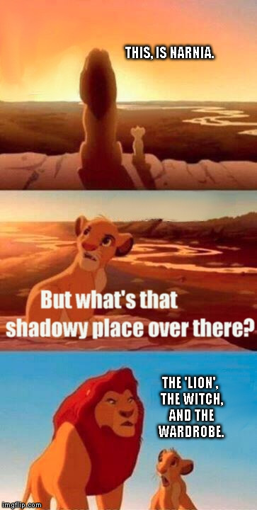 >Implying you read the book | THIS, IS NARNIA. THE 'LION', THE WITCH, AND THE WARDROBE. | image tagged in memes,simba shadowy place,funny,narnia,puns | made w/ Imgflip meme maker