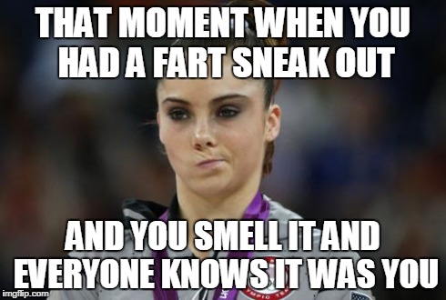 McKayla Maroney Not Impressed | THAT MOMENT WHEN YOU HAD A FART SNEAK OUT AND YOU SMELL IT AND EVERYONE KNOWS IT WAS YOU | image tagged in memes,mckayla maroney not impressed | made w/ Imgflip meme maker