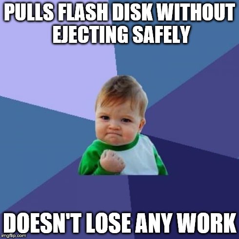 Success Kid Meme | PULLS FLASH DISK WITHOUT EJECTING SAFELY DOESN'T LOSE ANY WORK | image tagged in memes,success kid | made w/ Imgflip meme maker