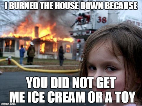 Disaster Girl Meme | I BURNED THE HOUSE DOWN BECAUSE YOU DID NOT GET ME ICE CREAM OR A TOY | image tagged in memes,disaster girl | made w/ Imgflip meme maker