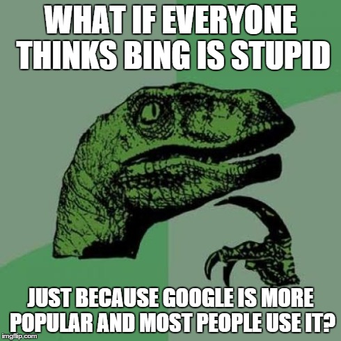 Google <3 | WHAT IF EVERYONE THINKS BING IS STUPID JUST BECAUSE GOOGLE IS MORE POPULAR AND MOST PEOPLE USE IT? | image tagged in memes,philosoraptor | made w/ Imgflip meme maker