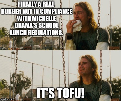 School Lunch Hell | FINALLY A REAL BURGER NOT IN COMPLIANCE WITH MICHELLE OBAMA'S SCHOOL LUNCH REGULATIONS. IT'S TOFU! | image tagged in memes,first world stoner problems | made w/ Imgflip meme maker