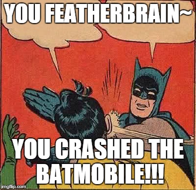 Batman Slapping Robin Meme | YOU FEATHERBRAIN~ YOU CRASHED THE BATMOBILE!!! | image tagged in memes,batman slapping robin | made w/ Imgflip meme maker