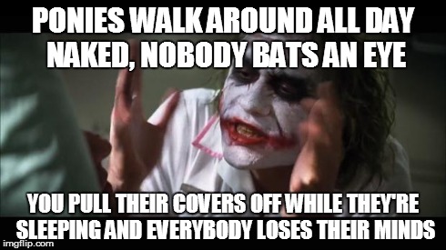 And everybody loses their minds | PONIES WALK AROUND ALL DAY NAKED, NOBODY BATS AN EYE YOU PULL THEIR COVERS OFF WHILE THEY'RE SLEEPING AND EVERYBODY LOSES THEIR MINDS | image tagged in memes,and everybody loses their minds | made w/ Imgflip meme maker