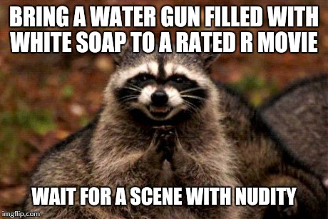 Evil Plotting Raccoon | BRING A WATER GUN FILLED WITH WHITE SOAP TO A RATED R MOVIE WAIT FOR A SCENE WITH NUDITY | image tagged in memes,evil plotting raccoon | made w/ Imgflip meme maker