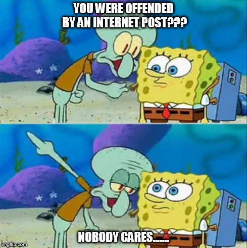 Talk To Spongebob Meme | YOU WERE OFFENDED BY AN INTERNET POST??? NOBODY CARES....... | image tagged in memes,talk to spongebob | made w/ Imgflip meme maker