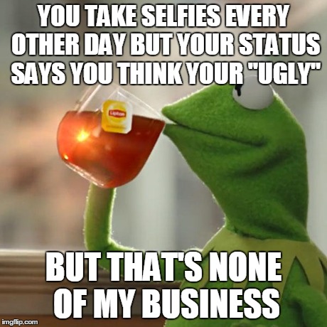 After scrolling down my facebook wall... | YOU TAKE SELFIES EVERY OTHER DAY BUT YOUR STATUS SAYS YOU THINK YOUR "UGLY" BUT THAT'S NONE OF MY BUSINESS | image tagged in memes,but thats none of my business,kermit the frog | made w/ Imgflip meme maker