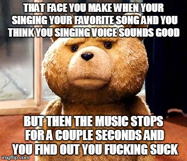 TED Meme | THAT FACE YOU MAKE WHEN YOUR SINGING YOUR FAVORITE SONG AND YOU THINK YOU SINGING VOICE SOUNDS GOOD BUT THEN THE MUSIC STOPS FOR A COUPLE SE | image tagged in memes,ted | made w/ Imgflip meme maker