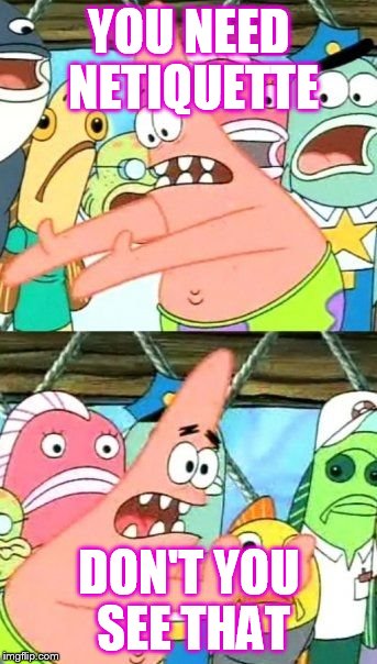Put It Somewhere Else Patrick | YOU NEED NETIQUETTE DON'T YOU SEE THAT | image tagged in memes,put it somewhere else patrick | made w/ Imgflip meme maker