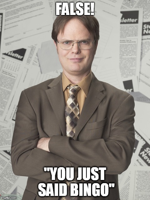 Dwight Schrute 2 Meme | FALSE! "YOU JUST SAID BINGO" | image tagged in memes,dwight schrute 2 | made w/ Imgflip meme maker