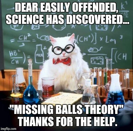 Chemistry Cat | DEAR EASILY OFFENDED, SCIENCE HAS DISCOVERED... "MISSING BALLS THEORY"  THANKS FOR THE HELP. | image tagged in memes,chemistry cat | made w/ Imgflip meme maker