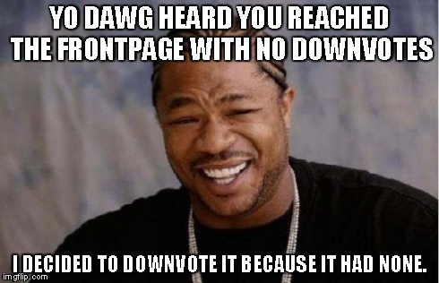 Yo Dawg Heard You Meme | YO DAWG HEARD YOU REACHED THE FRONTPAGE WITH NO DOWNVOTES I DECIDED TO DOWNVOTE IT BECAUSE IT HAD NONE. | image tagged in memes,yo dawg heard you | made w/ Imgflip meme maker