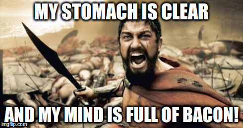 Sparta Leonidas Meme | MY STOMACH IS CLEAR AND MY MIND IS FULL OF BACON! | image tagged in memes,sparta leonidas | made w/ Imgflip meme maker