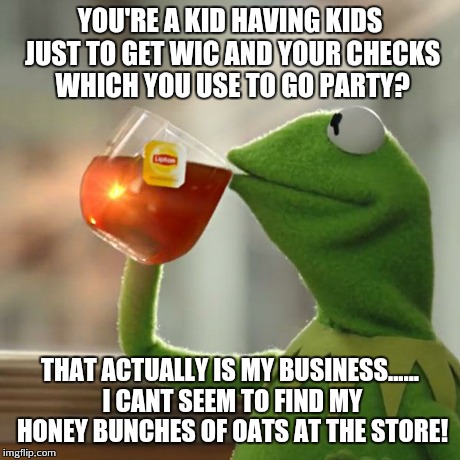 But That's None Of My Business Meme | YOU'RE A KID HAVING KIDS JUST TO GET WIC AND YOUR CHECKS WHICH YOU USE TO GO PARTY? THAT ACTUALLY IS MY BUSINESS...... I CANT SEEM TO FIND M | image tagged in memes,but thats none of my business,kermit the frog | made w/ Imgflip meme maker