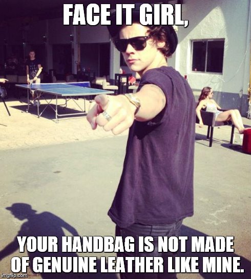 harry styles | FACE IT GIRL, YOUR HANDBAG IS NOT MADE OF GENUINE LEATHER LIKE MINE. | image tagged in harry styles | made w/ Imgflip meme maker