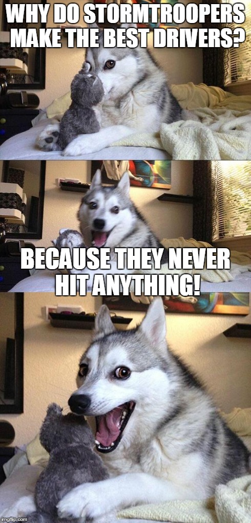 Bad Pun Dog | WHY DO STORMTROOPERS MAKE THE BEST DRIVERS? BECAUSE THEY NEVER HIT ANYTHING! | image tagged in memes,bad pun dog | made w/ Imgflip meme maker
