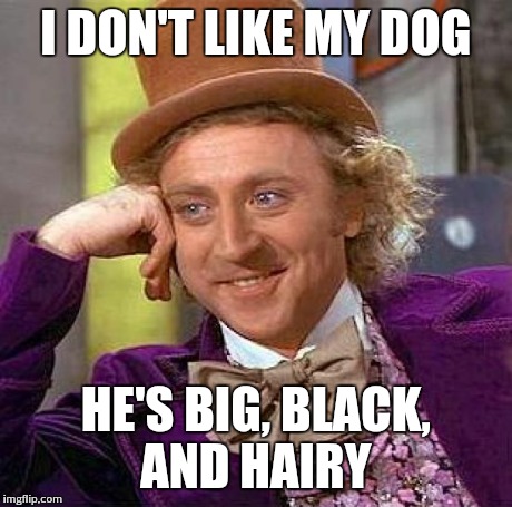 Creepy Condescending Wonka | I DON'T LIKE MY DOG HE'S BIG, BLACK, AND HAIRY | image tagged in memes,creepy condescending wonka | made w/ Imgflip meme maker