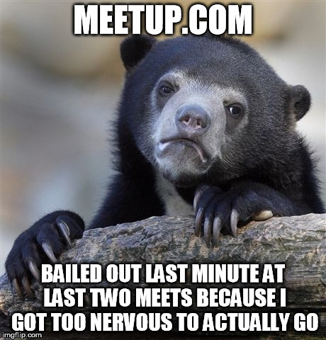 Confession Bear Meme | MEETUP.COM BAILED OUT LAST MINUTE AT LAST TWO MEETS BECAUSE I GOT TOO NERVOUS TO ACTUALLY GO | image tagged in memes,confession bear,ConfessionBear | made w/ Imgflip meme maker