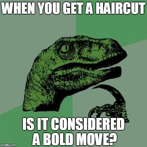Philosoraptor | WHEN YOU GET A HAIRCUT IS IT CONSIDERED A BOLD MOVE? | image tagged in memes,philosoraptor | made w/ Imgflip meme maker