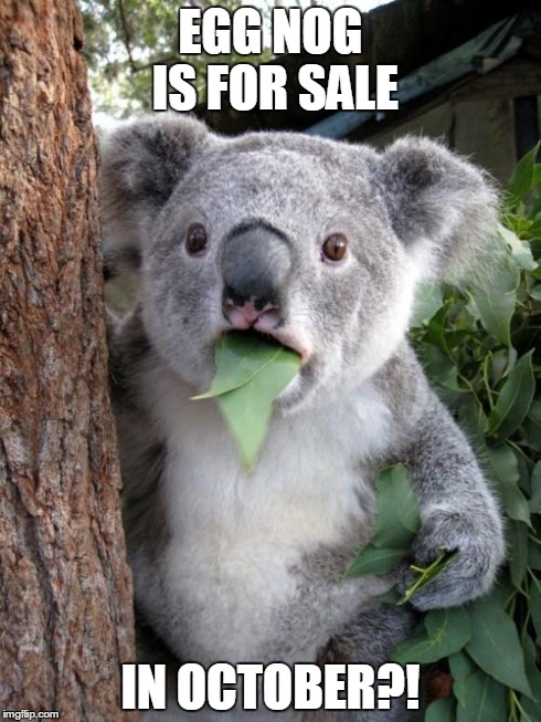 Surprised Koala | EGG NOG IS FOR SALE IN OCTOBER?! | image tagged in memes,surprised koala,funny,food,fall | made w/ Imgflip meme maker